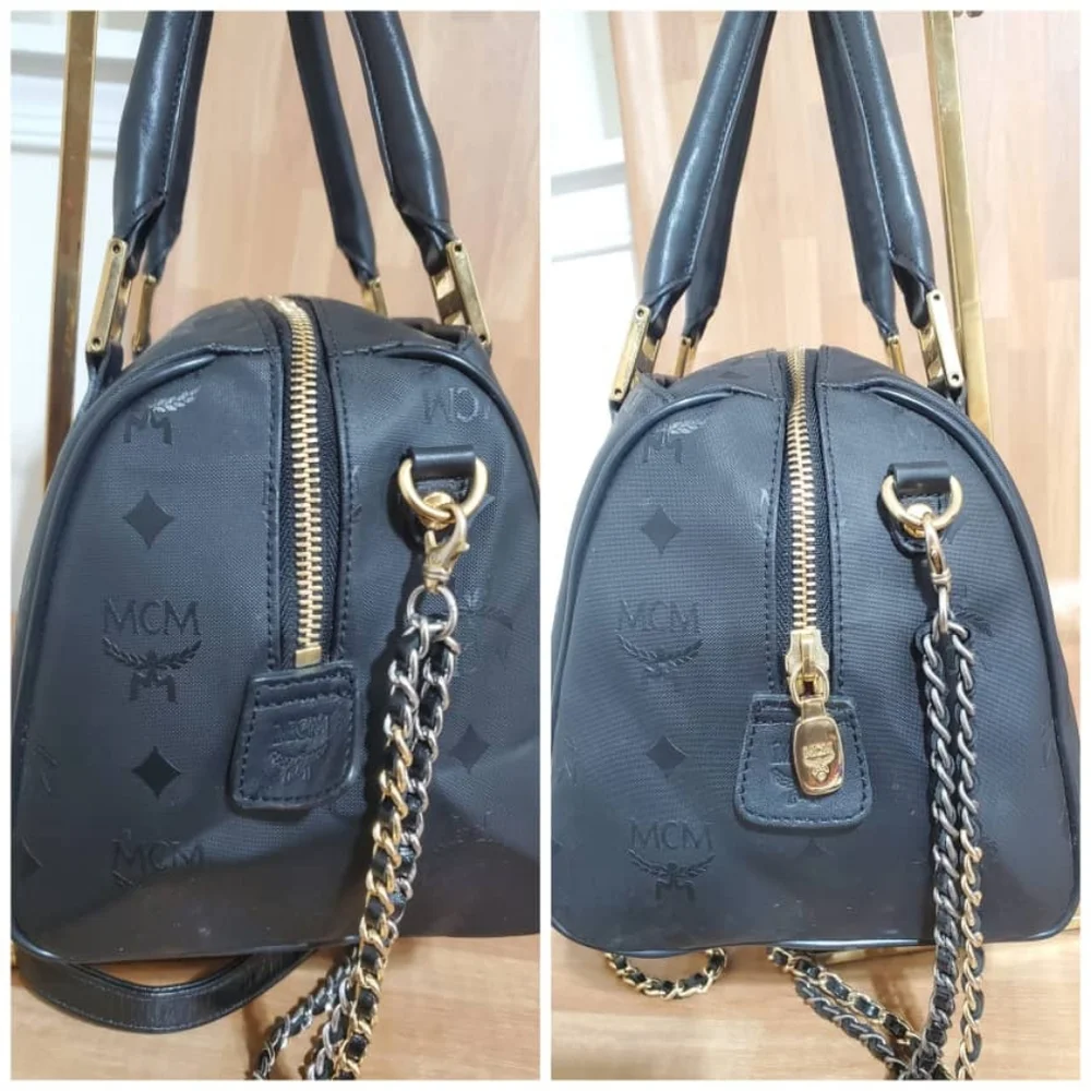 Authentic MCM Signature Visetos Monogram Boston Bag with Strap